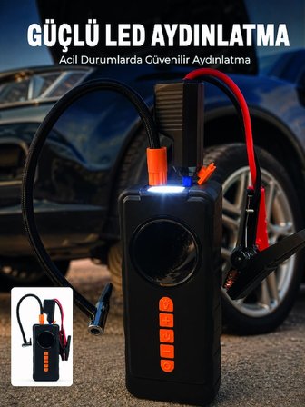 Mey İthalat 10000mAh Şarjlı Araç Kompresörü Akü Takviye Cihazı Powerbank Özellikli Dijital Lastik Şişirme Pompası
