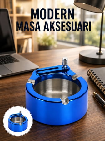 Mey İthalat® Metal Küllük ve Çakmak Seti Yuvarlak Modern Tasarım Yeni Nesil