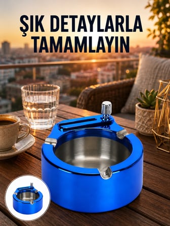 Mey İthalat® Yuvarlak Metal Küllük Çakmak Entegreli Dayanıklı Yapı Yeni Nesil