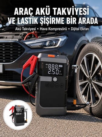 Mey İthalat® Araç İçin 4 Fonksiyonlu Akü Takviye ve Lastik Şişirme Cihazı Yeni Nesil