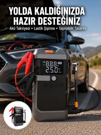 Mey İthalat® Işıklı Hava Kompresörlü Taşınabilir Akü Takviye Ünitesi Yeni Nesil