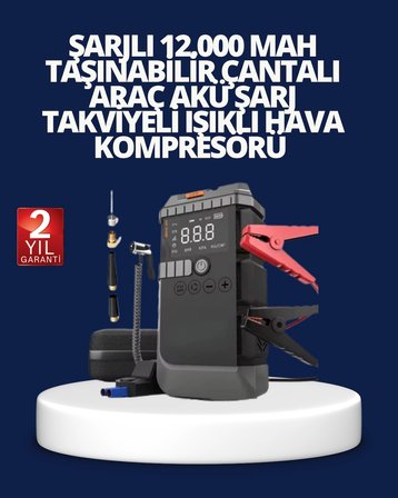 Mey İthalat® Şarjlı 12000 mAh Araç Akü Takviye ve Hava Kompresörü 4’ü 1 Arada