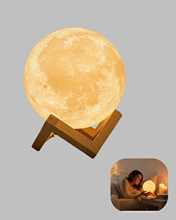 CEYLAN ADAM 16 Renkli 3D Baskılı Ay Lambası Ahşap Standlı ve Uzaktan Kumandalı