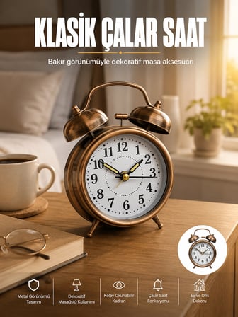 Mey İthalat® Metal Bronz Nostaljik Masa Saati Alarmlı Büyük Boy Sessiz Mekanizmalı