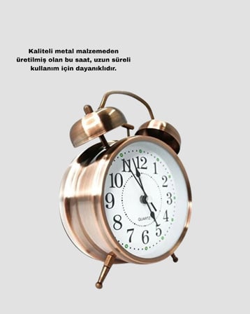 Mey İthalat® Metal Bronz Nostaljik Masa Saati Alarmlı Büyük Boy Sessiz Mekanizmalı