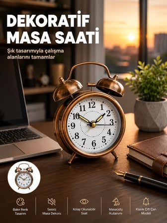 Mey İthalat Retro Tarz Bronz Dekoratif Masa Saati Metal Gövde Yüksek Sesli Alarm