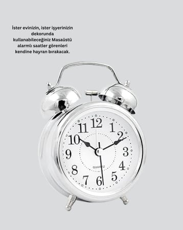 Yuvarlak Gümüş Dekoratif Işıklı Masa Üstü Saat Alarmlı Sessiz Çalışma