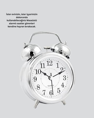 Mey İthalat® Yuvarlak Gümüş Dekoratif Işıklı Masa Üstü Saat Alarmlı Sessiz Çalışma