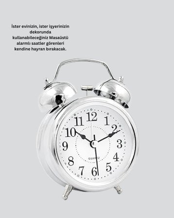 Dekoratif Yuvarlak Gümüş Sessiz Işıklı Masa Üstü Çalar Saat Alarmlı ve Şık Tasarım