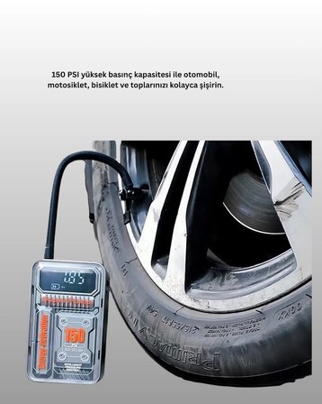 Mey İthalat® 150 PSI Kablosuz Dijital Ekranlı Taşınabilir Araç Lastik Pompası