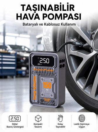 Mey İthalat® 6000mAh Bataryalı LED Ekranlı Akıllı Hava Kompresörü