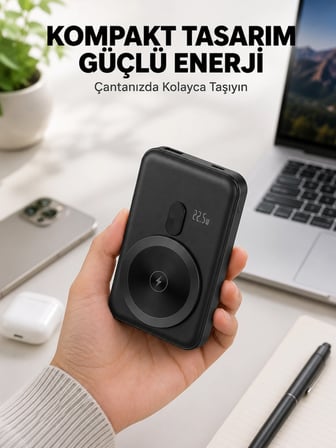 Mey İthalat Manyetik Kablosuz Powerbank 22.5W Hızlı Şarj LCD Göstergeli Yeni Nesil