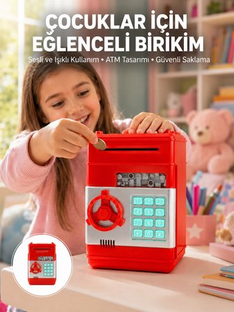 Mey İthalat® Kırmızı ATM Kasa Tipi Para Biriktirme Kumbarası