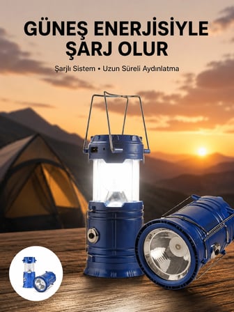Mey İthalat® Kamp Feneri Şarj Edilebilir Güneş Enerjili Işıldak USB Şarjlı