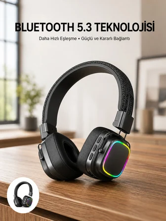 Mey İthalat Renkli Işık Efektli Bluetooth 5.3 Müzik Kulaklığı Yeni Nesil