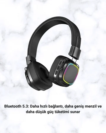 Mey İthalat Renkli Işık Efektli Bluetooth 5.3 Müzik Kulaklığı Yeni Nesil