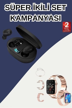 Mey İthalat Nabız Ölçer Hediye Bileklikli Akıllı Saat ve Dijital Göstergeli Bluetooth Kulaklık Çoklu Şarj Girişi