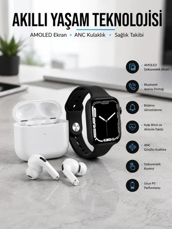 Mey İthalat® 2025 Model Akıllı Saat ve Yeni Nesil Pro Bluetooth Kulaklık TWS Yüksek Ses Kaliteli