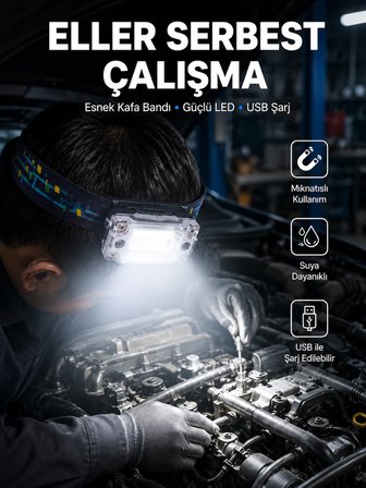 Mey İthalat® Beyaz Led Işık Sensörlü Kafa Lambası Lityum Batarya Led El Fenerli Şarjlı