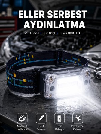 Mey İthalat® Kompakt LED Kafs Feneri USB Şarjlı Manyetik 2 Işık Modlu 215 Lümen Yeni Nesil