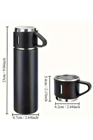 CEYLAN ADAM Termos Seti 3'lü Bardak Seti Isı Dayanıklı Siyah Paslanmaz Çelik Vakumlu