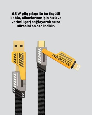 Yüksek Hızlı 65W Güç Çıkışlı Çoklu Cihaz Uyumlu Şarj Kablosu