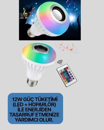 Mey İthalat® 12W LED Ampul – Renkli Işık ve Dahili Hoparlör Özellikli