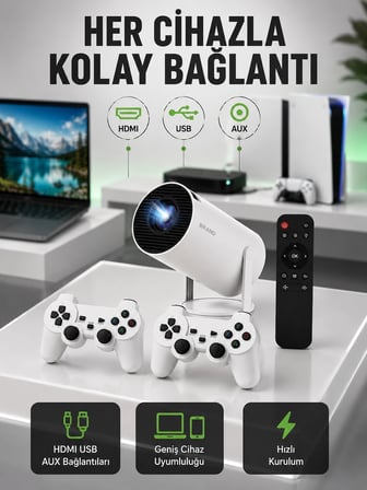 Mey İthalat® Portatif 4K Projeksiyon - 4.000 Uygulama, Kablosuz Yansıtma ve Bluetooth 5.0 Yeni Nesil