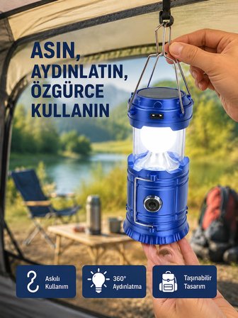 Mey İthalat® Güneş Enerjili Katlanabilir Kızaklı Kamp Feneri – USB Şarjlı, Çok Yönlü ve Dayanıklı Tasarım
