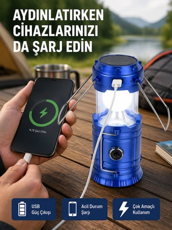 Mey İthalat® Güneş Enerjili Katlanabilir Kamp Feneri – USB Şarjlı, Hafif ve Çok Fonksiyonlu