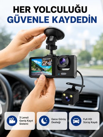 Mey İthalat Üç Kameralı Araç İçi Kayıt Sistemi Full HD Gece Görüşlü ve G-Sensör Destekli
