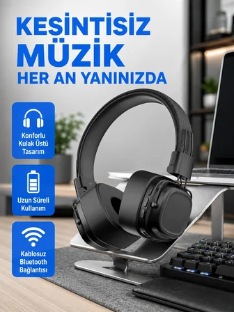 Mey İthalat Bluetooth Kablosuz Kulak Üstü Kulaklık Katlanabilir Konforlu ve Şık Tasarımlı