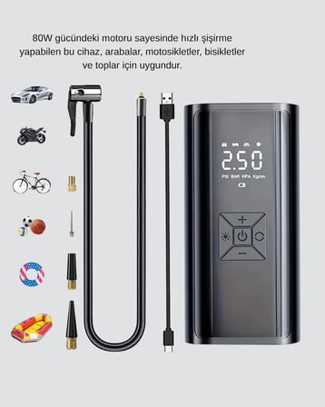 Dijital Ekranlı Kablosuz Hava Pompası LED Işıklı 12V 80W