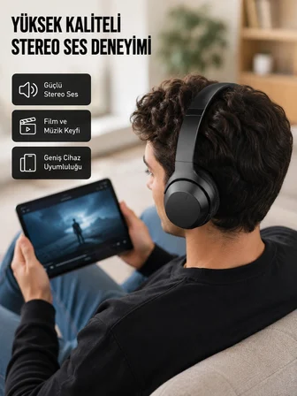 Mey İthalat Bluetooth 5.0 Siyah Kablosuz Kulaklık 18 Saat Batarya Katlanabilir Tasarım Yeni Nesil