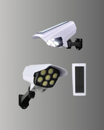Mey İthalat 77 LED'li Güneş Enerjili Güvenlik Lambası ve Kukla Kamera – Hareket Sensörlü, 2400mAh Pilli