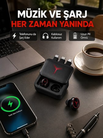 Mey İthalat® Powerbank Özellikli Bluetooth Kablosuz Kulaklık – Dokunmatik Kontrol, Uzun Pil Ömrü, Ergonomik Tasarım