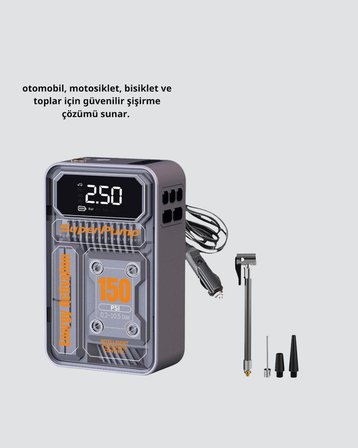 Mey İthalat® 150 PSI Kablosuz Şarjlı Hava Pompası – LED Ekranlı ve Otomatik Kapanma Özellikli