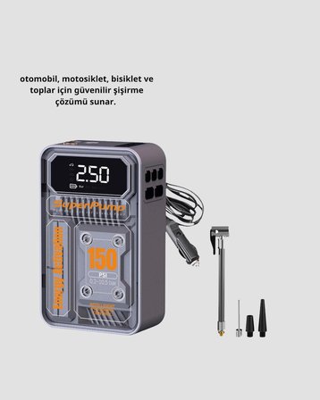 Mey İthalat® Şarjlı Kablosuz Hava Pompası – 150 PSI Basınç, LED Ekran ve 6000mAh Batarya