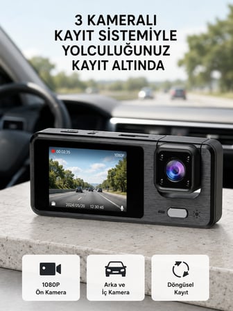 Mey İthalat Park Modlu 3 Kameralı Araç Kayıt Cihazı 1080P Ön Kamera 2’’ Ekran