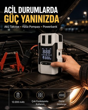 Mey İthalat® Dijital Ekranlı Araç Pompası Akü Takviye Powerbank 12.000 mAh Yeni Nesil