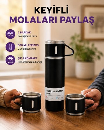 Mey İthalat 500 ml Isı Korumalı Çelik Termos ve Bardak Seti | Silikon Tabanlı, Şık ve Pratik