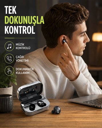 Mey İthalat® Kablosuz Kulak İçi Bluetooth Kulaklık – Dokunmatik Kontrol ve LED Şarj Ekranı