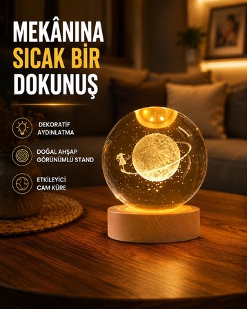 Mey İthalat Kız Figürlü Sarı Cam Küre Işıklı Büyük Boy Ahşap Standlı Dekor