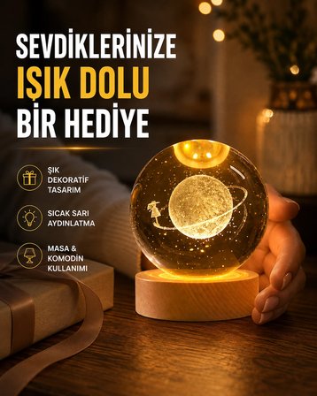 Mey İthalat Ahşap Standlı Sarı Işıklı Dekoratif Küre Kız Figürü Tasarım