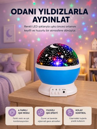 Mey İthalat Renkli LED Gece Lambası 6 Işık Modlu Çocuk Odası Atmosfer Aydınlatma
