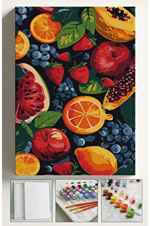 Sayılarla Boyama Çerçeveli Hobi Seti Numaralı Tuval Fırça Boya Dahil Kasnaklı MEYVELER 40X50 Cm