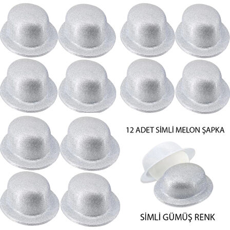 CEYLAN ADAM   Gümüş Renk Simli Melon Yuvarlak Parti Şapkası 12 Adet