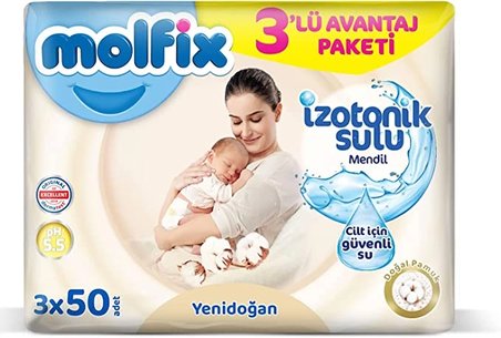 Mey İthalat® Yenidoğan İzotonik Sulu Doğal Pamuk Islak Havlu Mendil 3'Lü 150 Yaprak