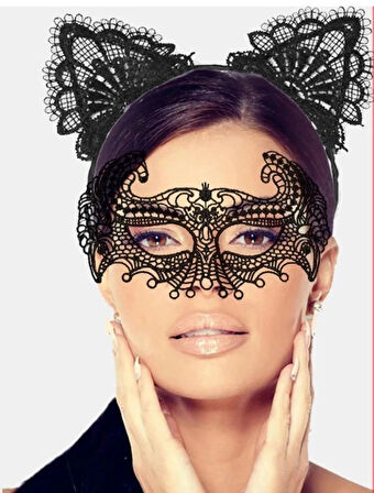 CEYLAN ADAM   Siyah Renk Dantel Maske ve Dantel Kulak Taç Seti Yetişkin No 4