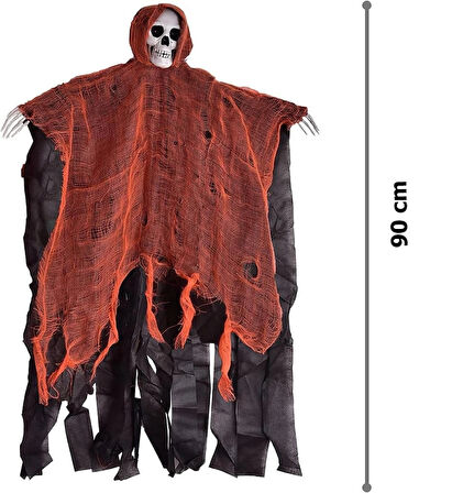 CEYLAN ADAM   Led Işıklı Kahkaha Atan Sesli Sensörlü Ürpertici Kuru Kafa Korku Hayalet Saçaklı Dekor 90x50 cm